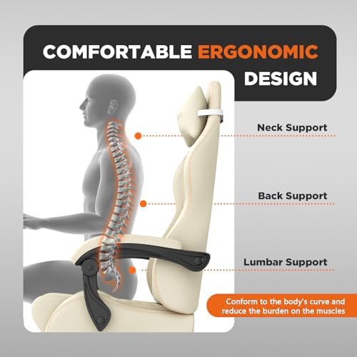 Ferghana Vintage PU Leather Gaming Chair, Ergonomic Gamer Chair with Massage, High Back Computer Office Chair with Footrest for Adults, Racing Style Reclining Video Game Chair (Beige) - Image 6