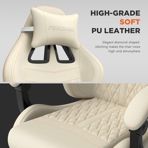Ferghana Vintage PU Leather Gaming Chair, Ergonomic Gamer Chair with Massage, High Back Computer Office Chair with Footrest for Adults, Racing Style Reclining Video Game Chair (Beige) - Image 4