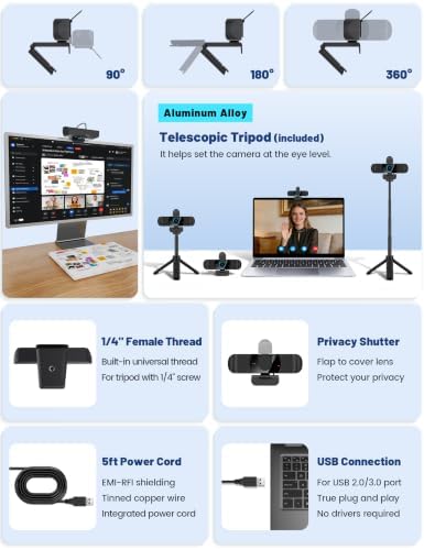 Pro QHD 2K/60fps Webcam with Tripod, External USB Camera for PC/Laptop - Image 3