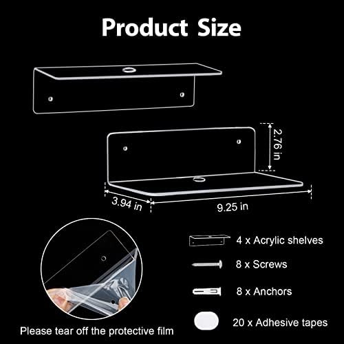 9 Inch Acrylic Floating Shelf, No Drill Adhesive Wall Shelf Set of 4 for Storage, Floating Shelves Damage-Free Expand Wall Space for Living Room, Office, Gaming Room, Bathroom - Image 3