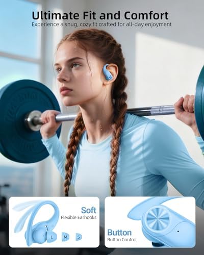 PocBuds Bluetooth Headphones Wireless Earbuds 80hrs Playtime Wireless Charging Case Digital Display Sports Ear Buds with Earhook Deep Bass IPX7 Waterproof Over-Ear Earphones for TV Phone Laptop Blue - Image 6