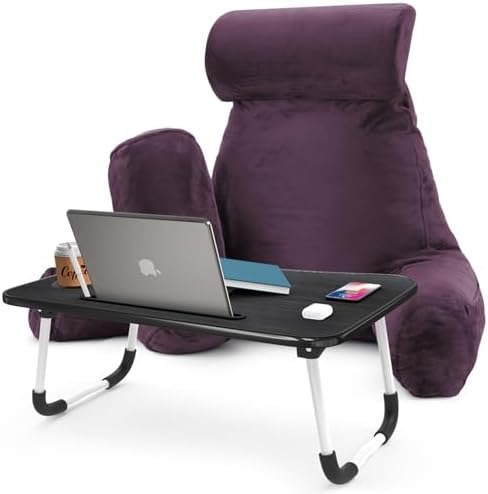 Nestl Reading Pillow with Portable Laptop Lap Desk - Shredded Memory Foam Back Support Pillow for Sitting Up in Bed and Couch Rest Pillows with Arms, Bed Tray Table with Foldable Legs, Purple by Nestl