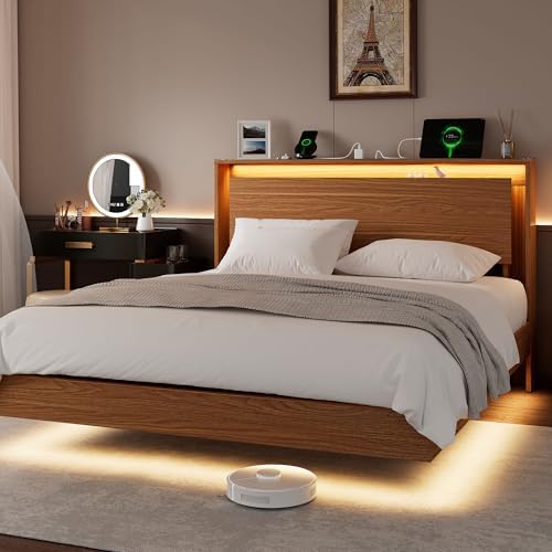 Full Size Bed Frame with LED Lights & Charging Station – Kids Wood Floating Bed Frame with Storage Headboard, Adhesive Slats, Kick-Free & Noise-Free Design, Easy Assembly, Walnut by Einhomn