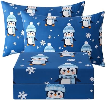 JSD Blue Penguin Snowflakes Kids Christmas Full Sheet Set 4 Piece by JSD