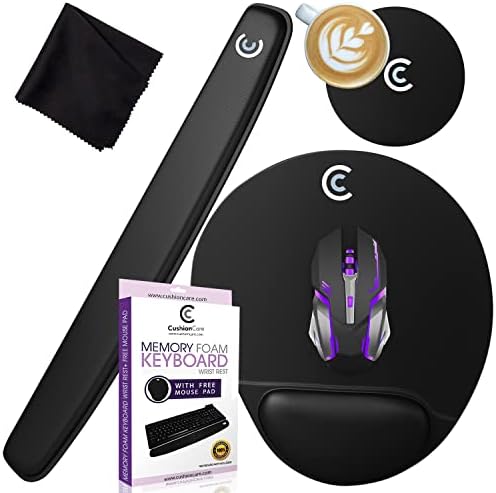 4pc Premium Wrist Rests for Keyboard and Mouse Pad Set - Memory Foam Cushion, Black - Ergonomic Wrists Hand Arm Rest Support for Laptop Computer Desk and Gaming - Carpal Tunnel Syndrome Relief by CushionCare