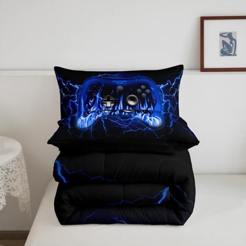 Feelyou Kids Gaming Gamer Bedding Set Toddler Size,Blue and Black Game Contoller Comforter Set for Teens Boys Bedroom Room Decor,Ombre Game Comforter,Geometric Gaming Bed Set - Image 5