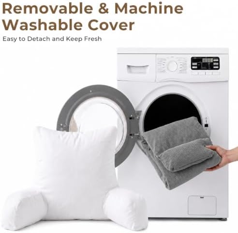 Reading Pillow for Bed with Detachable Neck Roll and Shredded Memory Foam, Back Pillow with Arms for Sitting Up, Washable Bed Rest Pillow with Side Pocket for Gaming, Sofa, Dorm - Light Gray - Image 5