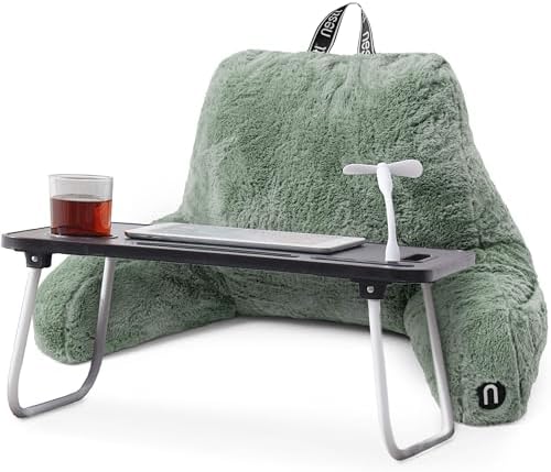 Nestl Fur Reading Pillow with Laptop Lap Desk, Stylish Back Pillow for Sitting Up, Lap Desk with Reading Pillows for Sitting in Bed Adult & Kids, Faux Fur Chair Pillow with Arms - Sage Green by Nestl