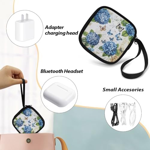 Wireless Headphone Case for Women, Flowers Portable Earphone Storage Bag Carrying Case, Earbud Holder with Handle Hydrangeas and Butterflies Print - Image 6