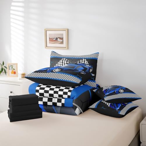 Feelyou Race Car King Comforter Set with Sheets for Kids Boys Black White Checkered Flag Print Bed in a Bag Extreme Sports Bedding Set 7 Piece Honeycomb Speed Sports Car Blue Bed Set - Image 6