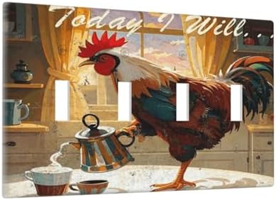 Decorative Switch Plate Covers Vintage Funny Chicken Rooster 4 Gang Light Switch Cover Plate Quad Toggle Wall Plate 4 Hole Electrical Switchplatedimmer Faceplate for Kitchen Decor - Image 2