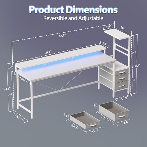 68" Reversible Gaming Desk with Drawers, Large Computer Desk, White - Image 2