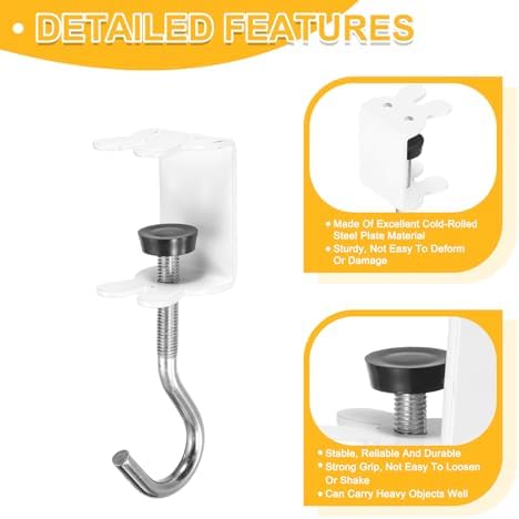 PATIKIL Desk Hook, 4Pcs Desk Mount Bag Holder Hook Rabbit J Hooks for Hanging Bag Backpack Under Desk Clamp Purse Adjustable Headphone Table Closet Door Under Counter, White - Image 3