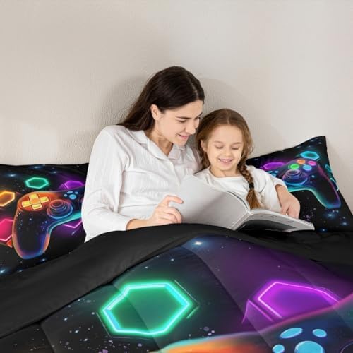Erosebridal Game Consoles Full Size Bedding Set - Gamer Gifts, Gaming Comforter Sets for Kids, Space Glow Geometric Pattern, Boys & Girls, Red, Green, Blue, Teal - Gaming Room Decor - Image 3