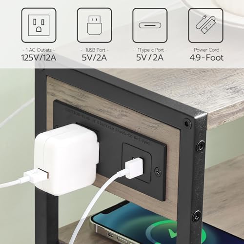 HOOBRO Small Narrow Side Table with Charging Station, Skinny End Table for Small Spaces, Slim Nightstand with USB Ports Outlet, Sofa Beside Table with Storage Shelf, Greige and Black BG102UBZ01 - Image 5