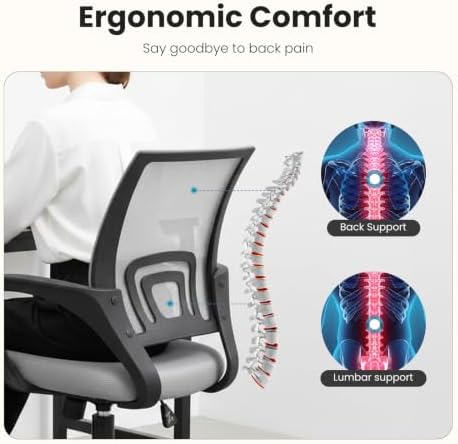 DUMOS Ergonomic Office Chair, Executive Desk Chair with Lumbar Support | Mid Back, Breathable Backrest, Fixed Armrest, Height Adjustable, 360° Swivel, Computer Gaming, Meeting, Grey - Image 3