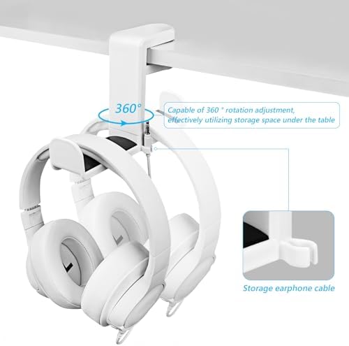 GEEKRIA 360° Rotating Under Desk Headphone Hook, Adjustable Desk Mount Hanger, Space Saving Gaming Headphone Holder Compatible with Sony, Bose, AKG, Sennheiser (White) - Image 4