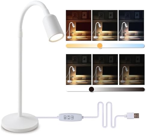 DAMI Dimmable LED Desk Lamp USB Powered, 3 Color Modes Flexible Gooseneck Reading Light, Eye-Caring Small Table Lamp for Home Office Study Bedroom Dorm Bedside - White by DAMI