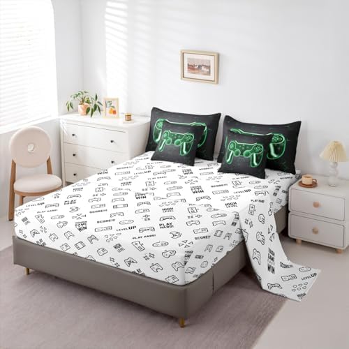 Feelyou Gamer Comforter Set with Sheets for Kids Boys Teens Game Controller Bed in a Bag Gaming Gifts 7 Piece Bedding Set Queen Size for All Season,Green Bed Set - Image 4