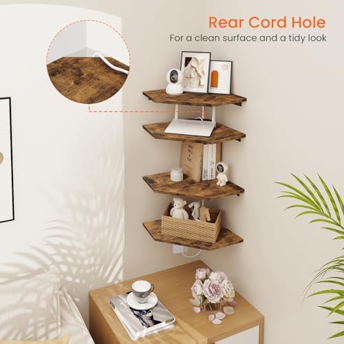 Homode Corner Shelf Wall Mount, Set of 4 Floating Corner Shelves with Cord Hole for Cable Box, Wood Corner Hanging Shelves for Bathroom Bedroom Kitchen, Rustic Brown - Image 7