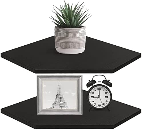 Homode Corner Shelf Wall Mount, Set of 2 Corner Floating Shelves with Wire Hole for TV, Cable Box, Wood Hanging Storage Shelf Organizer for Bathroom Kitchen Living Room Bedroom, Black by Homode