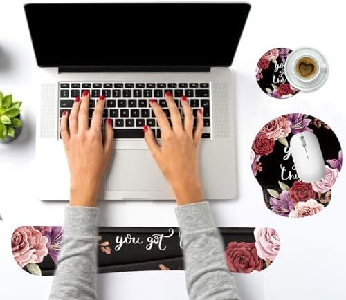 Keyboard Wrist Rest and Mouse Pad Wrist Support Set with Coasters,Ergonomic Gaming Mousepad for Home Office Working Studying Easy Typing & Pain Relief,You Got This Adorable Peony Flower - Image 6