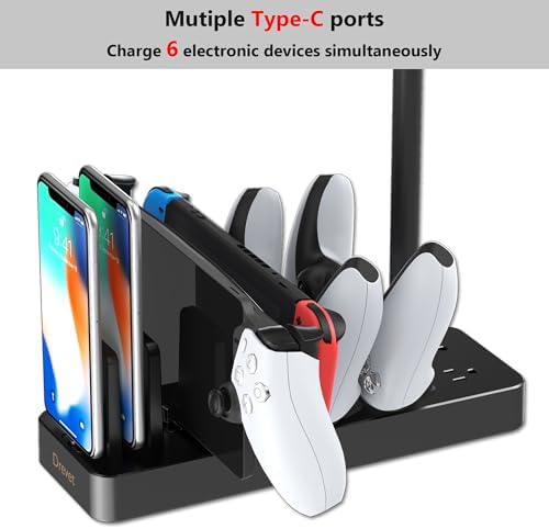 Drevet Charging Station for Multiple Devices, 6 Port USB C Fast Charger Station with 2 AC Outlets and Headset Stand, USB Charging Dock Compatible with Cellphone, Tablet, Kindle, iPhone, iPad and More - Image 4