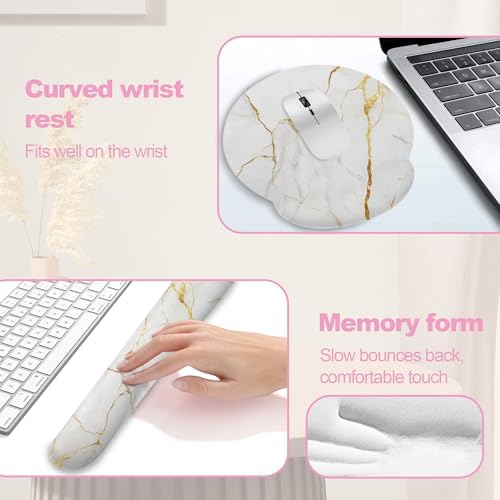 White Gold Flowing Marble Mouse Pad with Wrist Rest and Keyboard Wrist Rest Set, Non-Slip Rubber Base Memory Foam Mouse Pad Set for Women, Office Desk Accessories, Gaming - Image 4