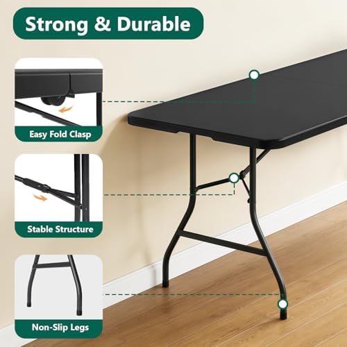 6FT Folding Table, Heavy Duty Plastic Fold-in-Half Utility Table with Handle, Portable Camping Picnic Table with Steel Legs for Indoor Outdoor Party, Dining, Black,2 Pack - Image 4