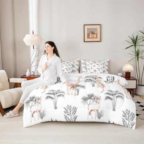 Feelyou Cute Giraffe Comforter Set with Sheets 7 Piece Queen Size Tiger Bedding Set for Kids Boys Girls Deer Bed in a Bag Jungle Animals Room Decor Botanical Tropical Tree Grey Orange - Image 6