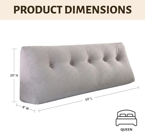 Wedge Reading Pillow Headboard Queen Size, Headboard Bolster Pillow for Bed, Triangular Backrest Cushion with Removable Corduroy Cover, LightGrey - Image 2