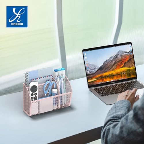 YINGHUA 3 Compartment Magnetic Metal Mesh Pen Holder, Pink Desk Caddy - Image 6