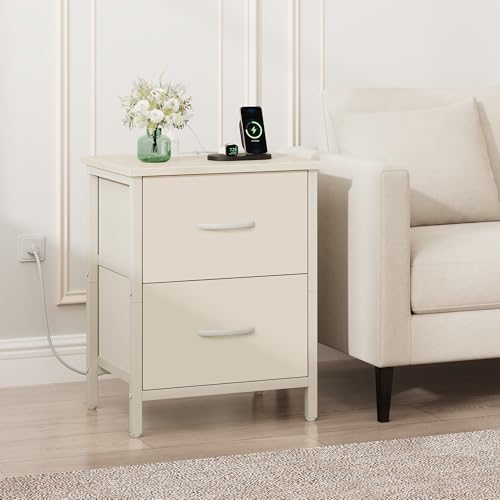 Vagusicc Nightstand with Charging Station, Bedside Table with USB Ports and Outlet, End Table Side Table with 2 Fabric Drawers for Bedroom, Living Room, Beige - Image 2