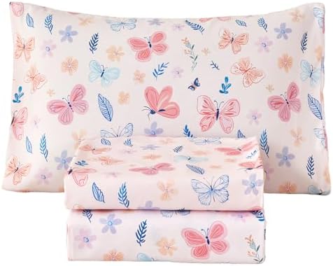 WINLIFE Kids Girls Twin Sheet Set Pink Floral Butterfly Printed 3 Pieces by WINLIFE
