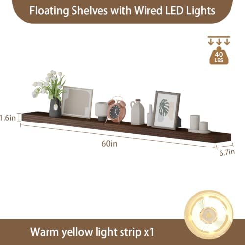 60 inch LED Gaming Floating Shelves for Wall,Solid Wood Long Wall Shelves Set of 1 with Light for Gaming Room,Walnut Rustic Wall Mounted Shelves for Living Room Bedroom Kitchen Garage - Image 2