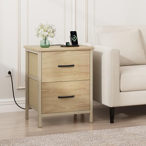Vagusicc Nightstand Set of 2 with Charging Station, End Table Bedside Table with Power Outlet & USB Ports, Side Table with 2 Fabric Drawers for Bedroom, Living Room, Natural - Image 2