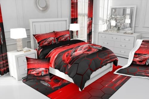 Feelyou Red Race Car Bedding Set 7 Piece Boys Girls Speed Sports Car King Comforter Set with Sheets for Kids Extreme Sports Bed in a Bag Lighting Honeycomb Theme Bed Set Room Decor - Image 7