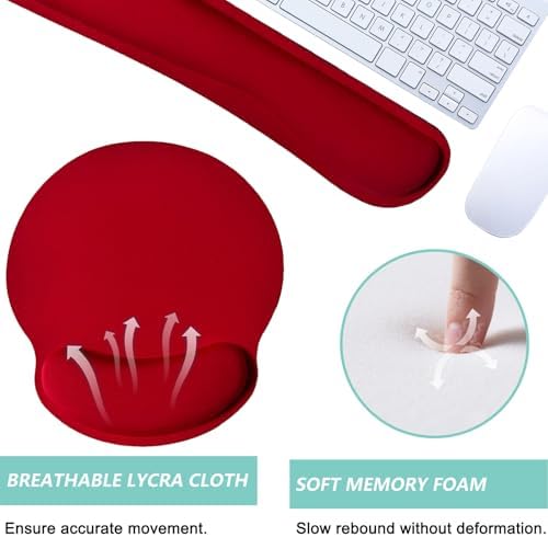 Keyboard Wrist Rest Pad Mouse Pad with Wrist Support Set of 3, Mousepad with Non-Slip Rubber Base, Ergonomic Memory Foam Mouse Wrist Cushion Support for Home Office Laptop Computer Gaming, Red - Image 3