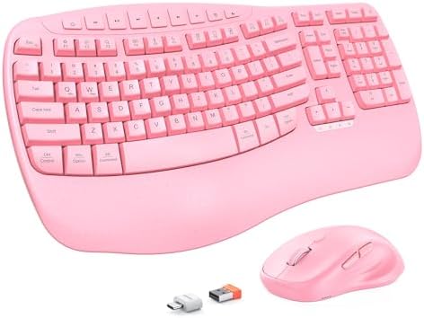 MEETION Ergonomic Wireless Keyboard and Mouse Combo with Wave Keys, Pink by MEETION