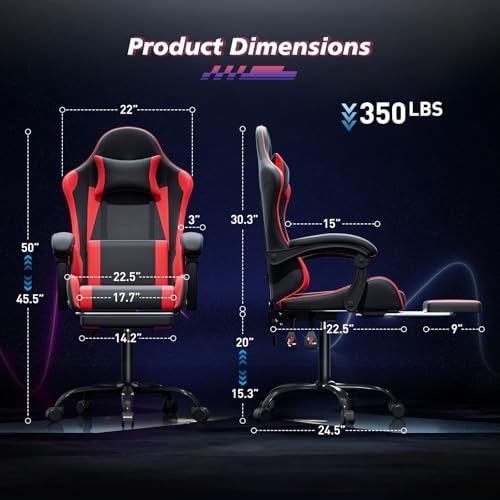 Magshion Video Gaming Computer Chair with Footrest, Red | Ergonomic, Lumbar Support, Adjustable Height, Racing Style, High Back Recliner, Comfy Leather, Swivel Seat, for Home Office - Image 3