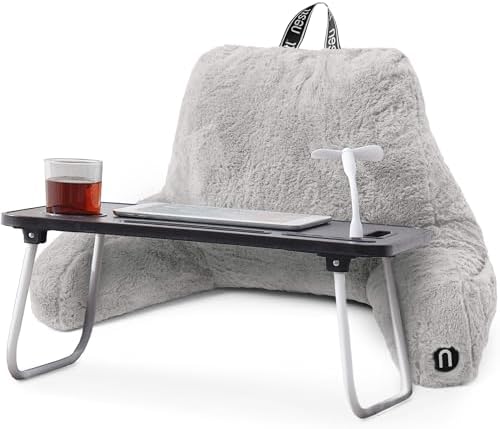 Nestl Fur Reading Pillow with Laptop Lap Desk, Stylish Back Pillow for Sitting Up, Lap Desk with Reading Pillows for Sitting in Bed Adult & Kids, Faux Fur Chair Pillow with Arms - Light Grey by Nestl