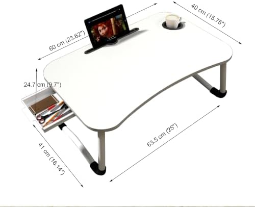23.6'' Ergonomic Lap Desk with Storage Drawer & Cup Holder, Foldable Laptop Bed Table for Home Office, Gaming, Writing, Breakfast - Lightweight, Portable, Fits 18'' Laptops (White) - Image 4