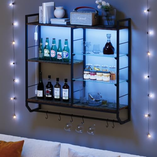 EYCOAL Gaming Floating Shelves, Wall Mounted Wooden Decor Display Shelf with 34" LED Lights and Adjustable Glass Bar Wine Shelf, Extra Hanging Hooks Storage for Gaming Room and Living Room - Image 6