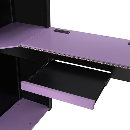 Merax Full Size Loft Bed with Desk and Storage Shelves, Gaming Loft Bed Frame with USB Charging Station and Curtains, Space Saving Loft Bed for Teens Bedroom, Purple + Black - Image 4