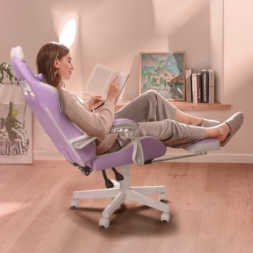 PUKAMI Gaming Chair with Cat Ears,Cute Computer Chair for Girl with Footrest,Ergonomic Gamer Chair, Kawaii Gaming Chair, Game Chair (Purple) - Image 7