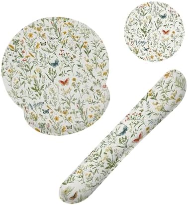 Wildflowers Butterfly Mouse Pad with Wrist Rest and Keyboard Wrist Rest Set, Vintage Garden Plants Herb Flower Non-Slip Rubber Base Memory Foam Mouse Pad Set for Women, Office Desk Accessories, Gaming by Unknown