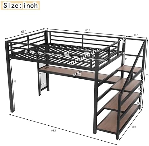 Queen Size Loft Bed with Desk and Storage Stairs, Metal Loft Bed Frame with LED Lights, Charging Station, and Multi-function Iron Nets, Loftbed for Kids, Teens, Adults, Noise-free, Black and Wood - Image 2