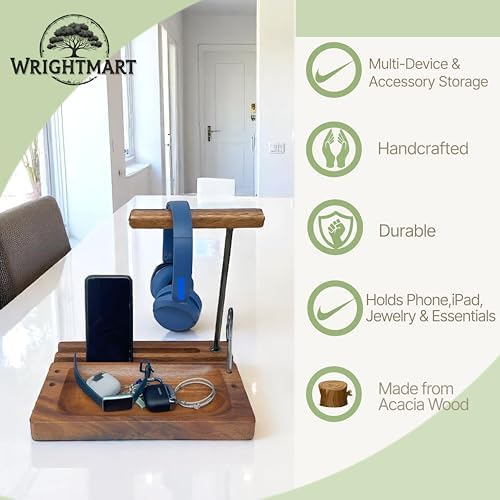 Multi-Device Headphone Stand, Acacia Wood Tech Organizer with Storage Tray - Image 6