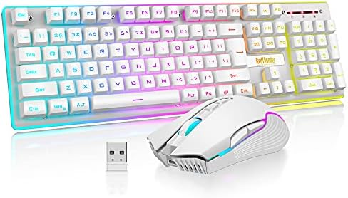 RedThunder K10 Wireless Gaming Keyboard and Mouse Combo, LED Backlit Rechargeable 3800mAh Battery, Mechanical Feel Anti-ghosting Keyboard + 7D 3200DPI Mice for PC Gamer (White) by RedThunder