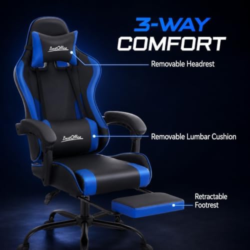 Gaming Chair Office Chair Desk Chair with Footrest Lumbar Support Headrest Armrest Task Rolling Swivel Ergonomic E-Sports Adjustable PC Gamer Chair (Blue) - Image 7
